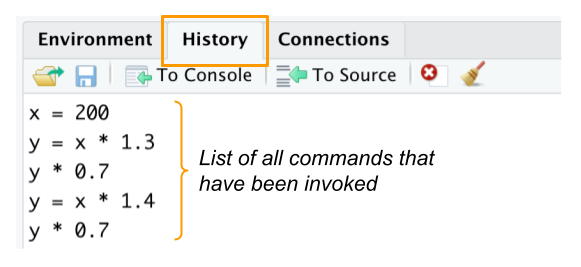 The comands history is avaialble in the History tab.