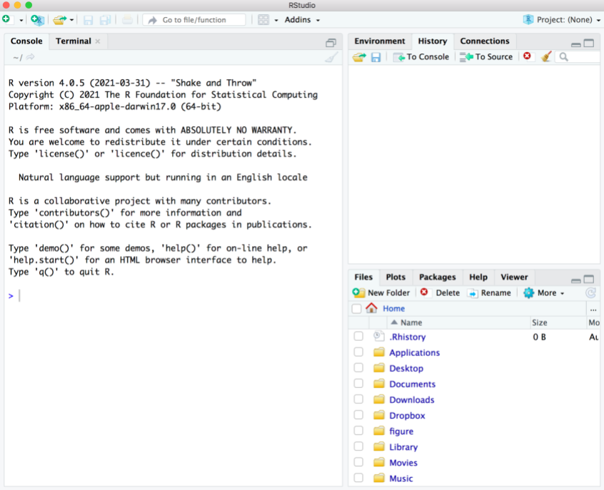 Screenshot of RStudio when launched for the first time.