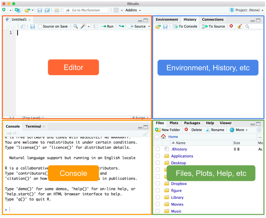 RStudio layout organized into quadrants.