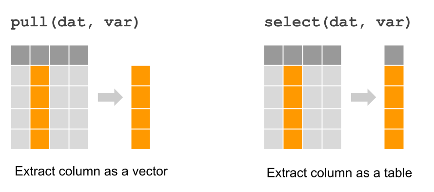 Extracting a column with dplyr functions "pull" and "select"