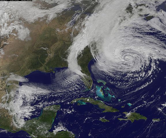 NASA satellite image of hurricane Sandy, 2012 (source: wikimedia commons)