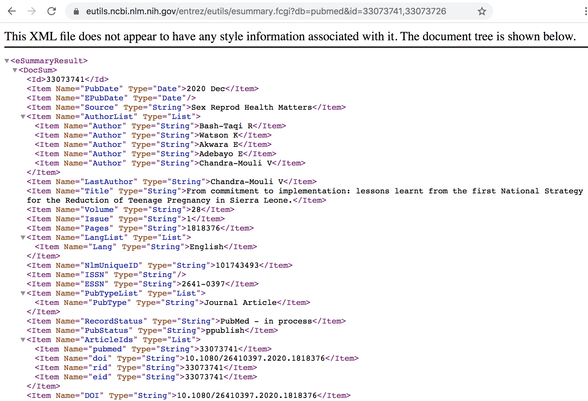 Summary in XML format for specified IDs