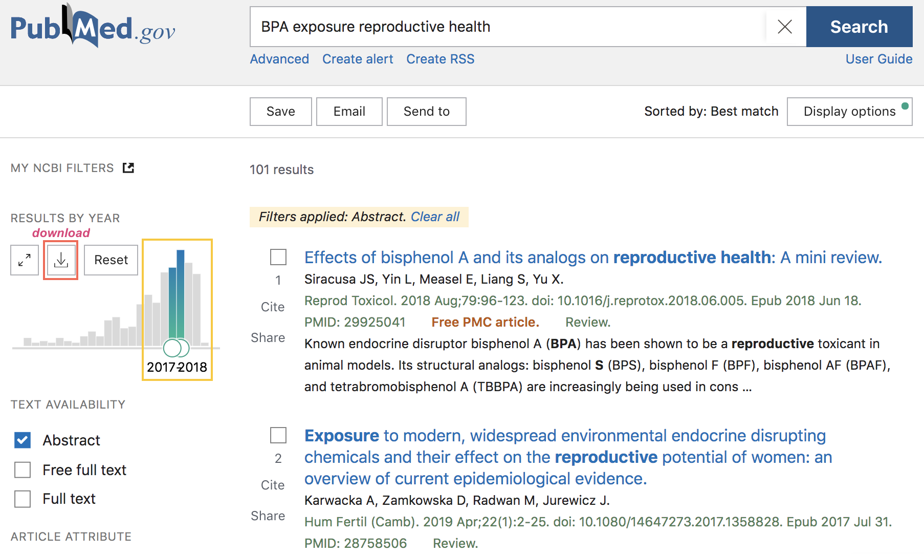 PubMed search example (cont'd)