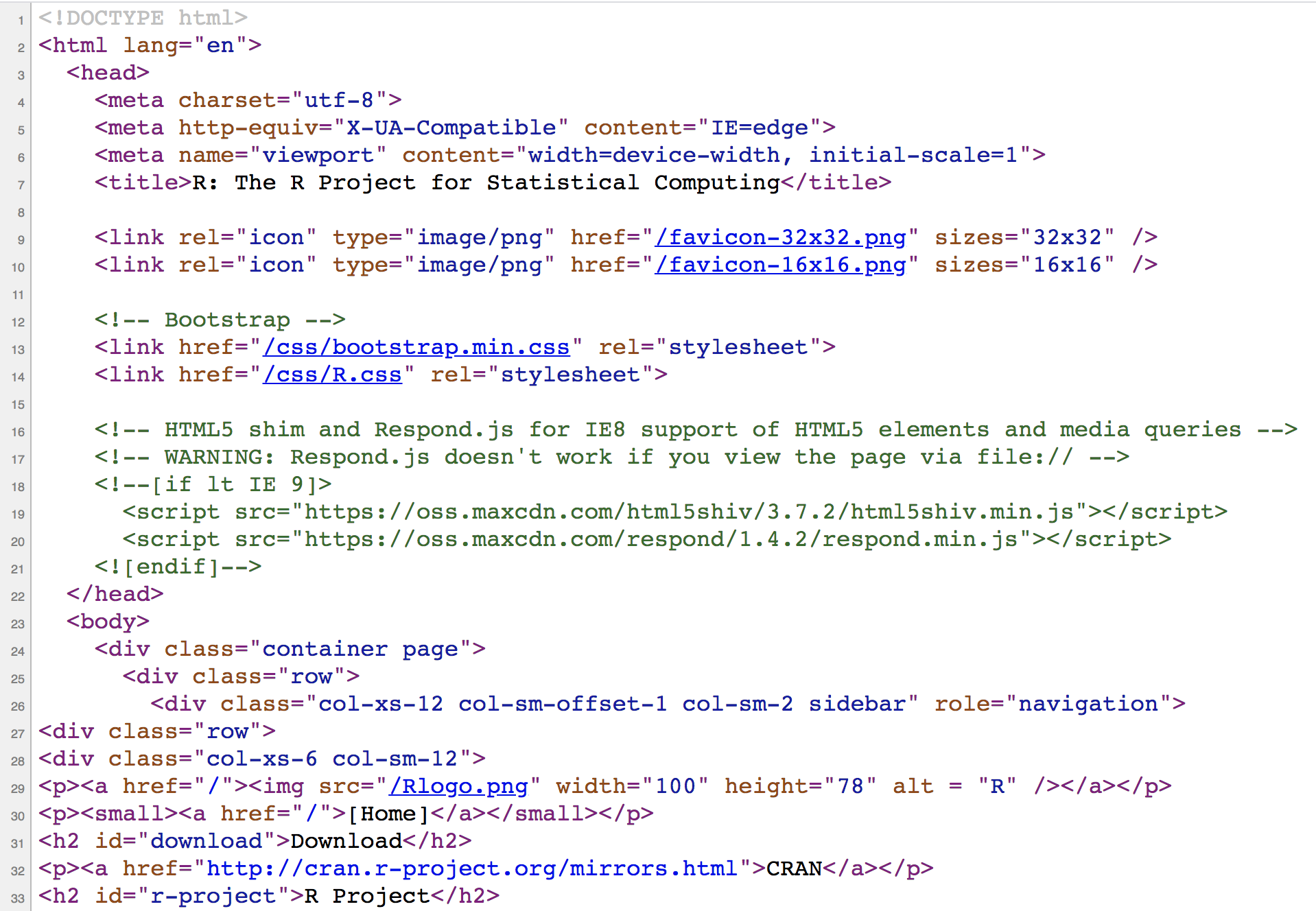 HTML source code behind R project's home page