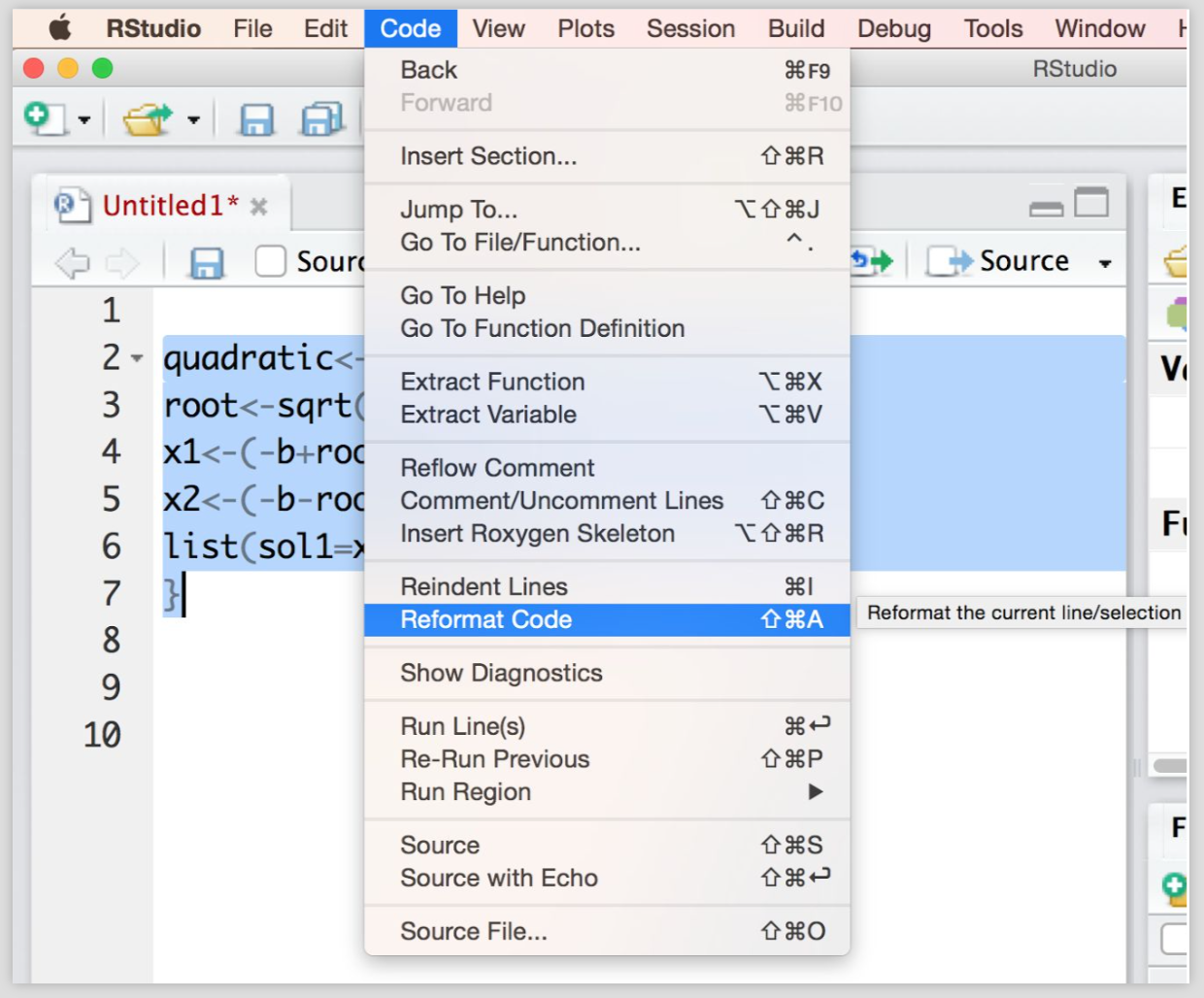 Reformat code in RStudio