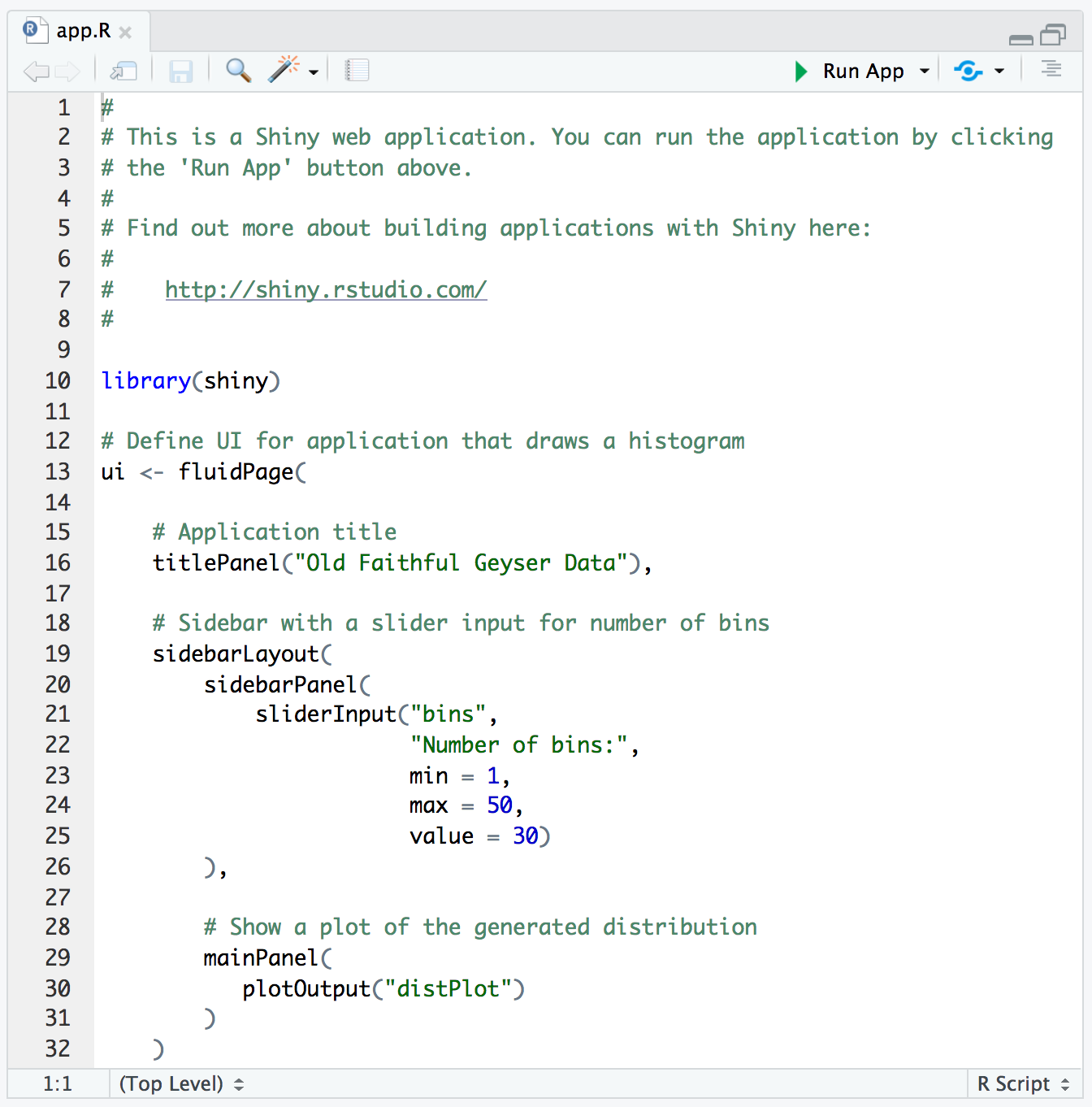 R script file for the default shiny app