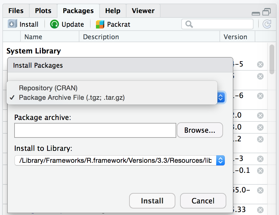 Installing a .tar.gz file from RStudio's Packages tab